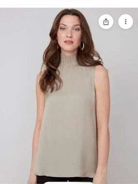 Renuar brand Sleeveless Mock Neck Top - Taupe. 100% polyester